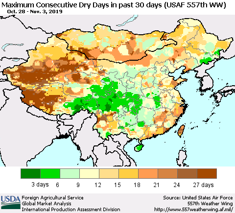 China and Taiwan Maximum Consecutive Dry Days in past 30 days (USAF 557th WW) 11/03/2019 Thematic Map For 10/28/2019 - 11/3/2019