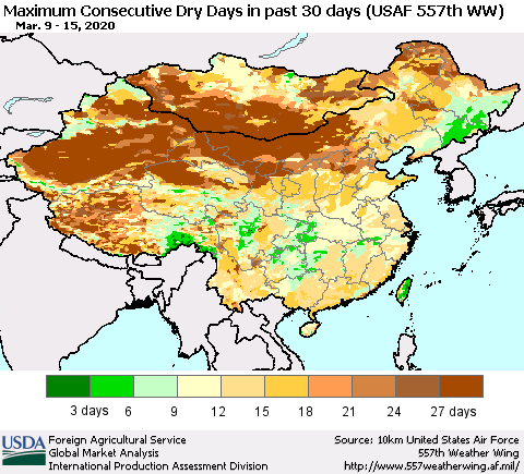 China and Taiwan Maximum Consecutive Dry Days in past 30 days (USAF 557th WW) 03/15/2020 Thematic Map For 3/9/2020 - 3/15/2020