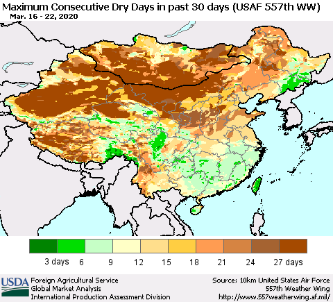 China and Taiwan Maximum Consecutive Dry Days in past 30 days (USAF 557th WW) 03/22/2020 Thematic Map For 3/16/2020 - 3/22/2020