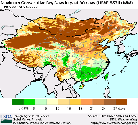 China and Taiwan Maximum Consecutive Dry Days in past 30 days (USAF 557th WW) 04/05/2020 Thematic Map For 3/30/2020 - 4/5/2020