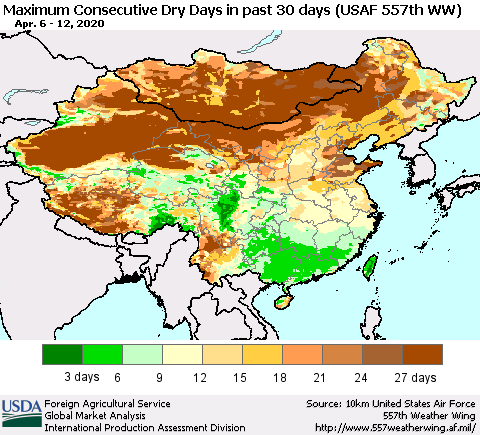 China and Taiwan Maximum Consecutive Dry Days in past 30 days (USAF 557th WW) 04/12/2020 Thematic Map For 4/6/2020 - 4/12/2020
