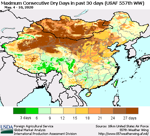 China and Taiwan Maximum Consecutive Dry Days in past 30 days (USAF 557th WW) 05/10/2020 Thematic Map For 5/4/2020 - 5/10/2020