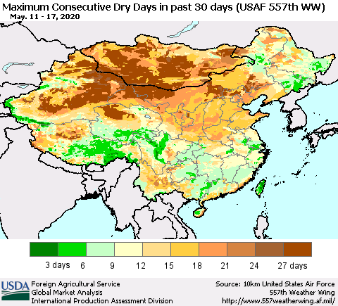 China and Taiwan Maximum Consecutive Dry Days in past 30 days (USAF 557th WW) 05/17/2020 Thematic Map For 5/11/2020 - 5/17/2020