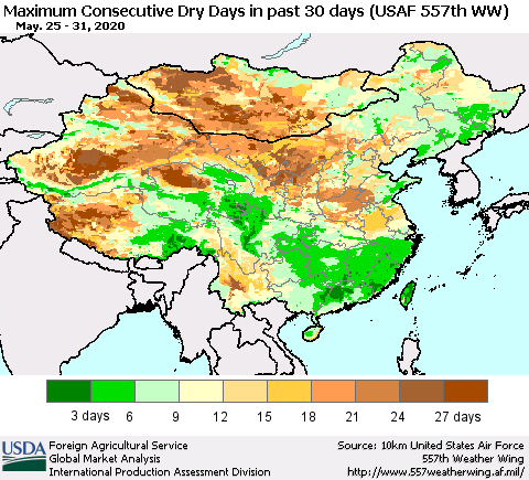 China and Taiwan Maximum Consecutive Dry Days in past 30 days (USAF 557th WW) 05/31/2020 Thematic Map For 5/25/2020 - 5/31/2020
