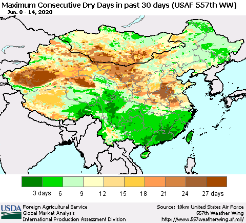 China and Taiwan Maximum Consecutive Dry Days in past 30 days (USAF 557th WW) 06/14/2020 Thematic Map For 6/8/2020 - 6/14/2020