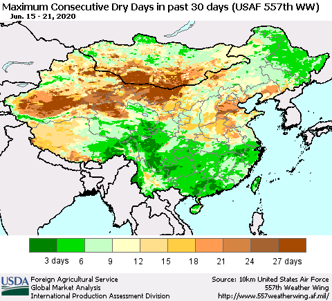 China and Taiwan Maximum Consecutive Dry Days in past 30 days (USAF 557th WW) 06/21/2020 Thematic Map For 6/15/2020 - 6/21/2020
