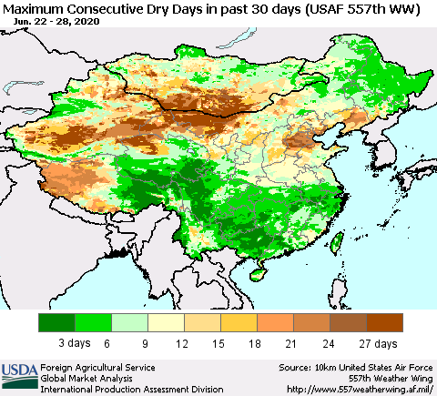 China and Taiwan Maximum Consecutive Dry Days in past 30 days (USAF 557th WW) 06/28/2020 Thematic Map For 6/22/2020 - 6/28/2020