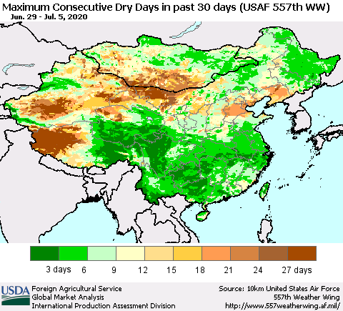 China and Taiwan Maximum Consecutive Dry Days in past 30 days (USAF 557th WW) 07/05/2020 Thematic Map For 6/29/2020 - 7/5/2020