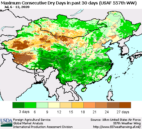 China and Taiwan Maximum Consecutive Dry Days in past 30 days (USAF 557th WW) 07/12/2020 Thematic Map For 7/6/2020 - 7/12/2020