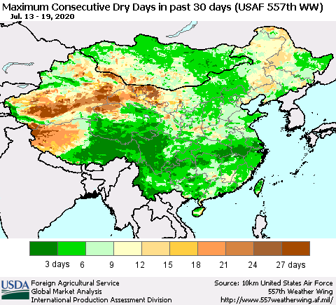 China and Taiwan Maximum Consecutive Dry Days in past 30 days (USAF 557th WW) 07/19/2020 Thematic Map For 7/13/2020 - 7/19/2020