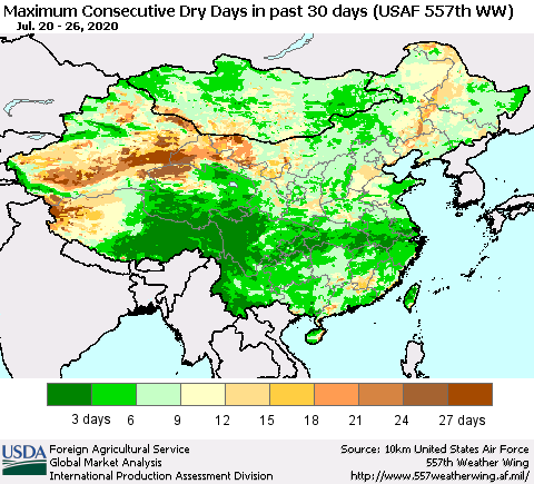 China and Taiwan Maximum Consecutive Dry Days in past 30 days (USAF 557th WW) 07/26/2020 Thematic Map For 7/20/2020 - 7/26/2020