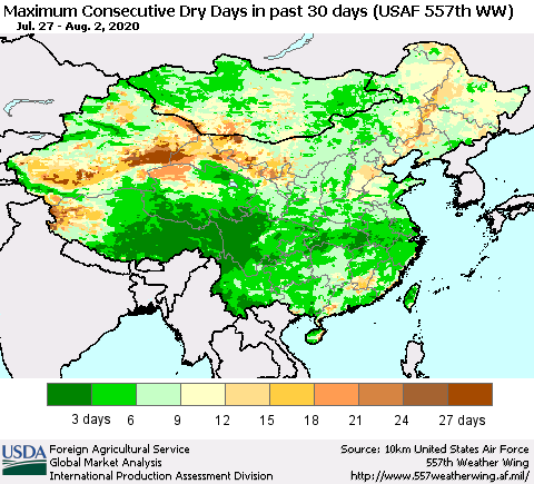 China and Taiwan Maximum Consecutive Dry Days in past 30 days (USAF 557th WW) 08/02/2020 Thematic Map For 7/27/2020 - 8/2/2020