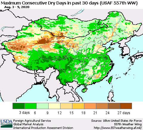 China and Taiwan Maximum Consecutive Dry Days in past 30 days (USAF 557th WW) 08/09/2020 Thematic Map For 8/3/2020 - 8/9/2020
