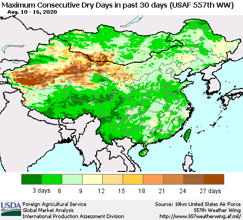 China and Taiwan Maximum Consecutive Dry Days in past 30 days (USAF 557th WW) 08/16/2020 Thematic Map For 8/10/2020 - 8/16/2020