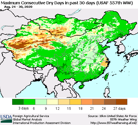 China and Taiwan Maximum Consecutive Dry Days in past 30 days (USAF 557th WW) 08/30/2020 Thematic Map For 8/24/2020 - 8/30/2020