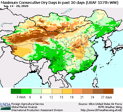 China and Taiwan Maximum Consecutive Dry Days in past 30 days (USAF 557th WW) 09/20/2020 Thematic Map For 9/14/2020 - 9/20/2020
