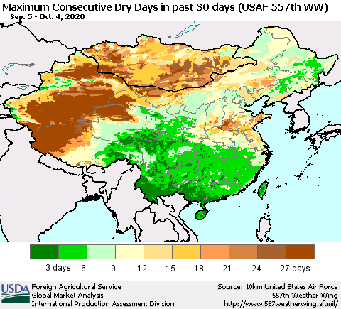 China and Taiwan Maximum Consecutive Dry Days in past 30 days (USAF 557th WW) 10/04/2020 Thematic Map For 9/28/2020 - 10/4/2020