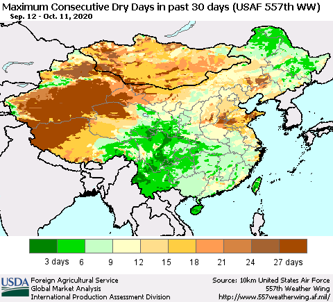 China and Taiwan Maximum Consecutive Dry Days in past 30 days (USAF 557th WW) 10/11/2020 Thematic Map For 10/5/2020 - 10/11/2020