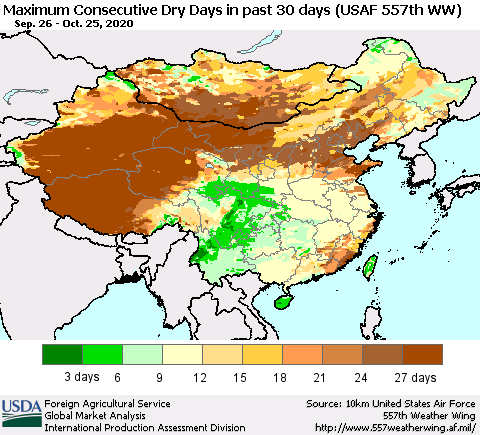 China and Taiwan Maximum Consecutive Dry Days in past 30 days (USAF 557th WW) 10/25/2020 Thematic Map For 10/19/2020 - 10/25/2020