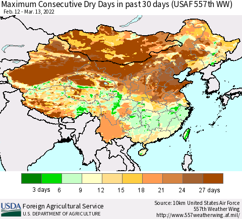 China and Taiwan Maximum Consecutive Dry Days in past 30 days (USAF 557th WW) 03/13/2022 Thematic Map For 3/7/2022 - 3/13/2022
