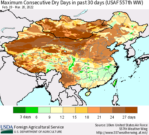 China and Taiwan Maximum Consecutive Dry Days in past 30 days (USAF 557th WW) 03/20/2022 Thematic Map For 3/14/2022 - 3/20/2022