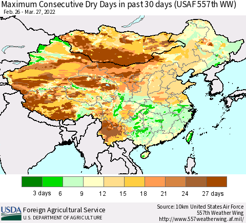 China and Taiwan Maximum Consecutive Dry Days in past 30 days (USAF 557th WW) 03/27/2022 Thematic Map For 3/21/2022 - 3/27/2022