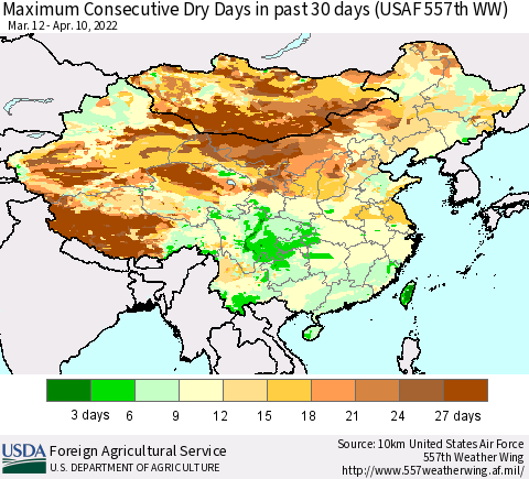 China and Taiwan Maximum Consecutive Dry Days in past 30 days (USAF 557th WW) 04/10/2022 Thematic Map For 4/4/2022 - 4/10/2022
