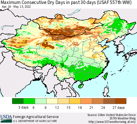 China and Taiwan Maximum Consecutive Dry Days in past 30 days (USAF 557th WW) 05/15/2022 Thematic Map For 5/9/2022 - 5/15/2022