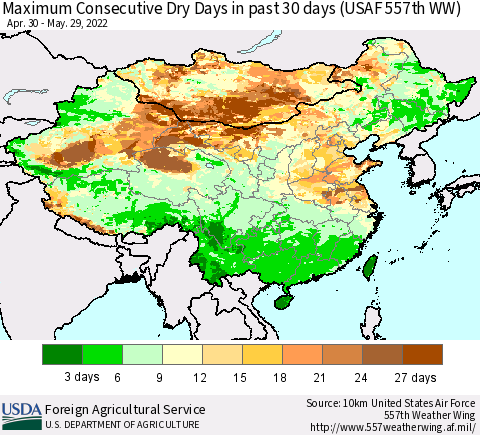 China and Taiwan Maximum Consecutive Dry Days in past 30 days (USAF 557th WW) 05/29/2022 Thematic Map For 5/23/2022 - 5/29/2022
