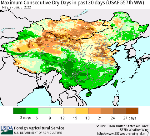 China and Taiwan Maximum Consecutive Dry Days in past 30 days (USAF 557th WW) 06/05/2022 Thematic Map For 5/30/2022 - 6/5/2022