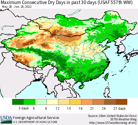 China and Taiwan Maximum Consecutive Dry Days in past 30 days (USAF 557th WW) 06/26/2022 Thematic Map For 6/20/2022 - 6/26/2022