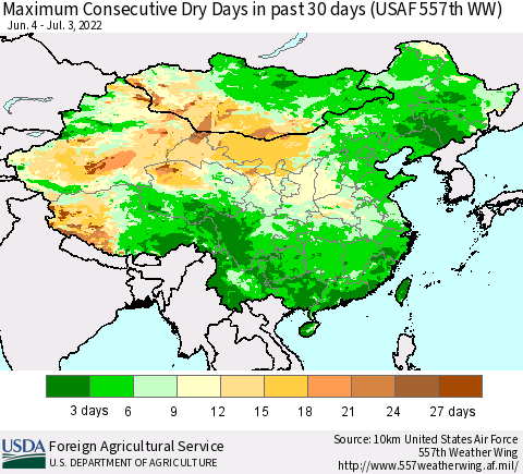 China and Taiwan Maximum Consecutive Dry Days in past 30 days (USAF 557th WW) 07/03/2022 Thematic Map For 6/27/2022 - 7/3/2022
