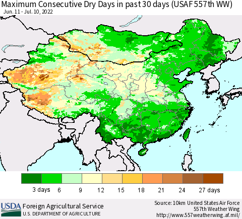 China and Taiwan Maximum Consecutive Dry Days in past 30 days (USAF 557th WW) 07/10/2022 Thematic Map For 7/4/2022 - 7/10/2022