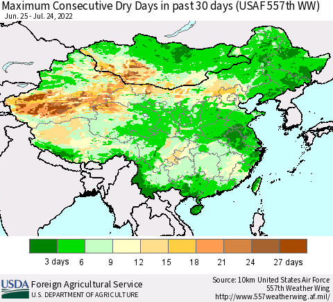 China and Taiwan Maximum Consecutive Dry Days in past 30 days (USAF 557th WW) 07/24/2022 Thematic Map For 7/18/2022 - 7/24/2022