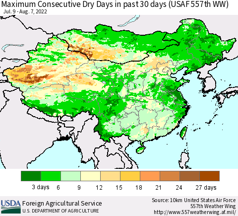 China and Taiwan Maximum Consecutive Dry Days in past 30 days (USAF 557th WW) 08/07/2022 Thematic Map For 8/1/2022 - 8/7/2022