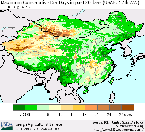 China and Taiwan Maximum Consecutive Dry Days in past 30 days (USAF 557th WW) 08/14/2022 Thematic Map For 8/8/2022 - 8/14/2022