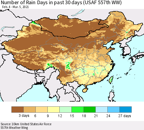 China, Mongolia and Taiwan Number of Rain Days in past 30 days (USAF 557th WW) 03/05/2021 Thematic Map For 3/1/2021 - 3/5/2021