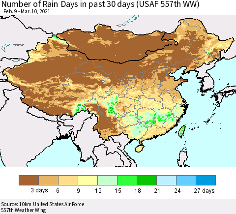 China, Mongolia and Taiwan Number of Rain Days in past 30 days (USAF 557th WW) 03/10/2021 Thematic Map For 3/6/2021 - 3/10/2021