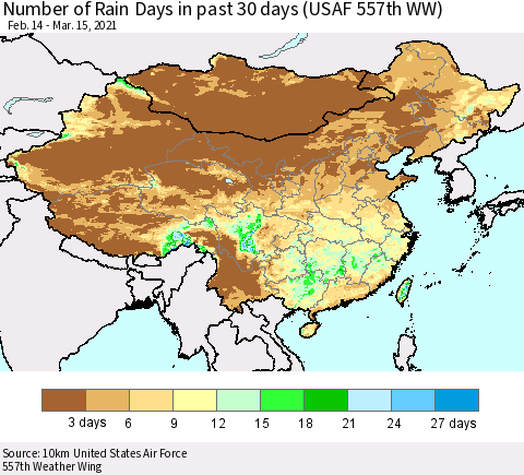 China, Mongolia and Taiwan Number of Rain Days in past 30 days (USAF 557th WW) 03/15/2021 Thematic Map For 3/11/2021 - 3/15/2021