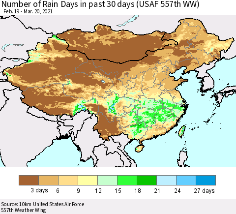 China, Mongolia and Taiwan Number of Rain Days in past 30 days (USAF 557th WW) 03/20/2021 Thematic Map For 3/16/2021 - 3/20/2021