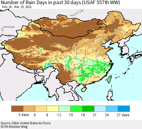 China, Mongolia and Taiwan Number of Rain Days in past 30 days (USAF 557th WW) 03/25/2021 Thematic Map For 3/21/2021 - 3/25/2021