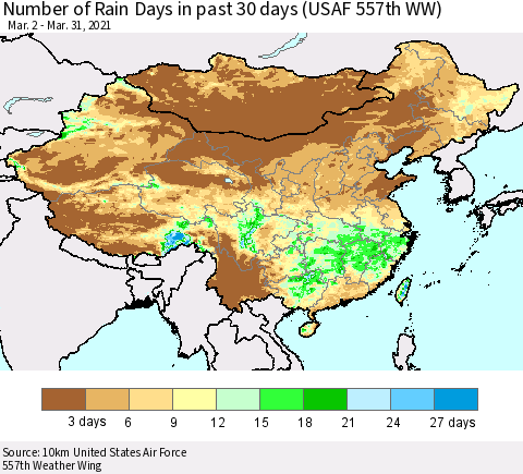 China, Mongolia and Taiwan Number of Rain Days in past 30 days (USAF 557th WW) 03/31/2021 Thematic Map For 3/26/2021 - 3/31/2021