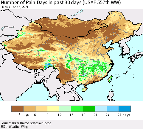 China, Mongolia and Taiwan Number of Rain Days in past 30 days (USAF 557th WW) 04/05/2021 Thematic Map For 4/1/2021 - 4/5/2021