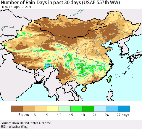 China, Mongolia and Taiwan Number of Rain Days in past 30 days (USAF 557th WW) 04/10/2021 Thematic Map For 4/6/2021 - 4/10/2021