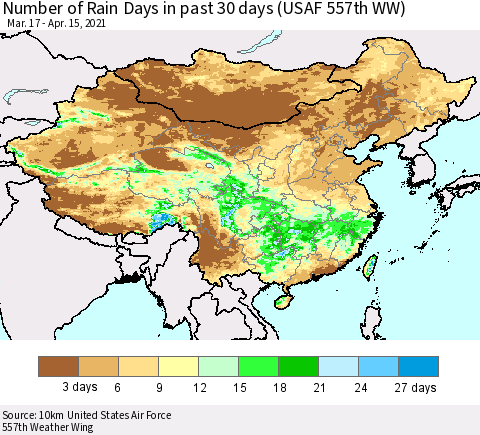 China, Mongolia and Taiwan Number of Rain Days in past 30 days (USAF 557th WW) 04/15/2021 Thematic Map For 4/11/2021 - 4/15/2021