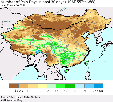 China, Mongolia and Taiwan Number of Rain Days in past 30 days (USAF 557th WW) 04/20/2021 Thematic Map For 4/16/2021 - 4/20/2021