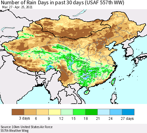 China, Mongolia and Taiwan Number of Rain Days in past 30 days (USAF 557th WW) 04/25/2021 Thematic Map For 4/21/2021 - 4/25/2021