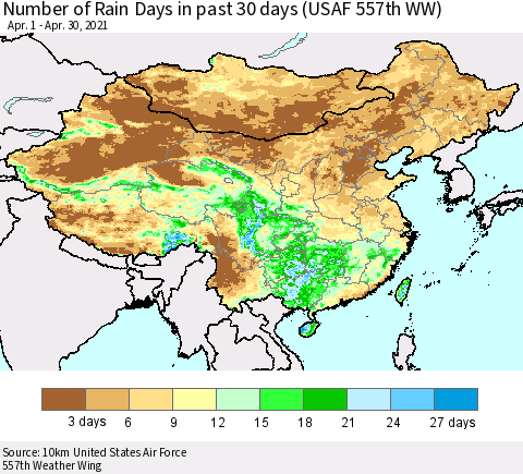 China, Mongolia and Taiwan Number of Rain Days in past 30 days (USAF 557th WW) 04/30/2021 Thematic Map For 4/26/2021 - 4/30/2021