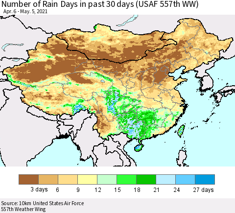 China, Mongolia and Taiwan Number of Rain Days in past 30 days (USAF 557th WW) 05/05/2021 Thematic Map For 5/1/2021 - 5/5/2021