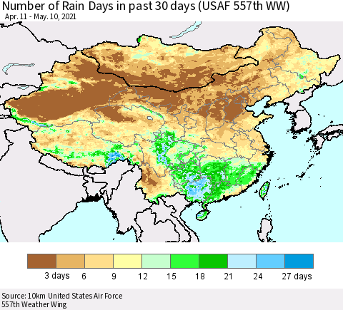 China, Mongolia and Taiwan Number of Rain Days in past 30 days (USAF 557th WW) 05/10/2021 Thematic Map For 5/6/2021 - 5/10/2021